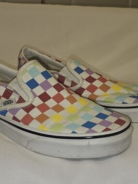Vans Women’s Slip-On Checkerboard Canvas Sneakers in Rainbow Colors